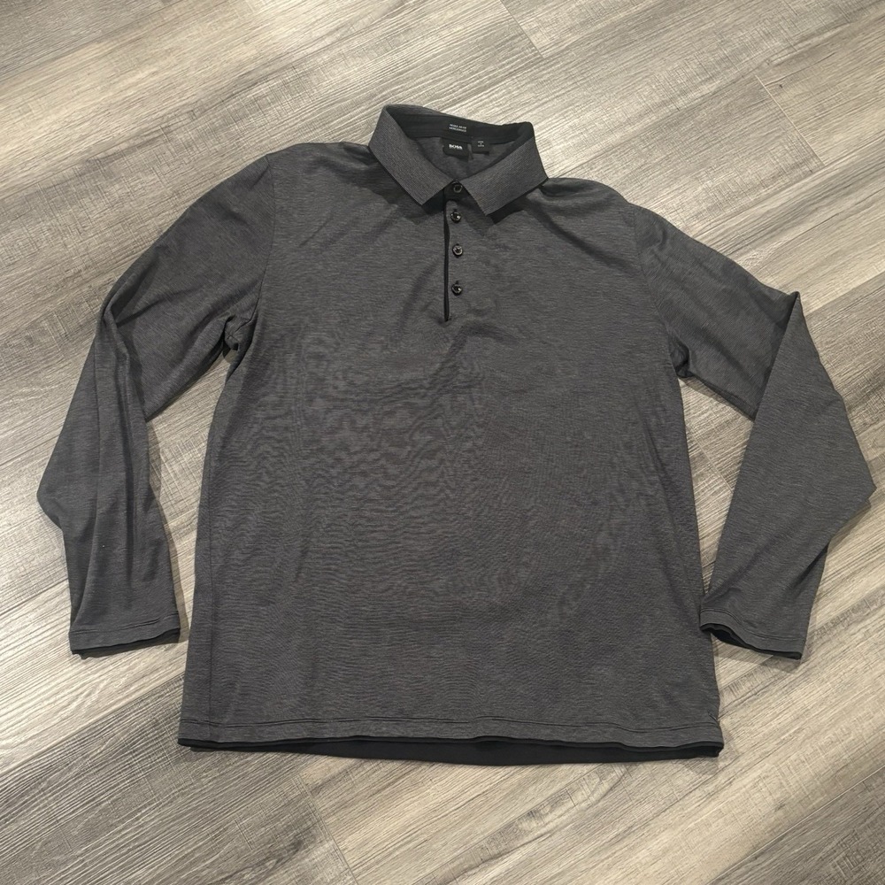 BOSS Hugo Boss Polo Shirt Mens XL Gray Regular Fit Mercerised Long Sleeve